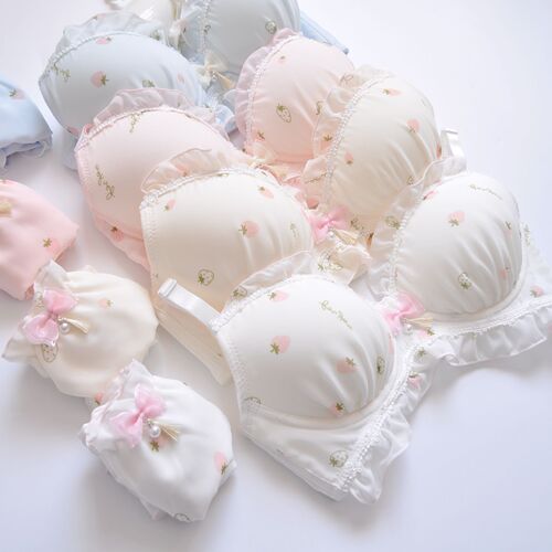 Long-term Japanese two-color water-soluble embroidered film cup without rims fresh girl cute push-up underwear bra set
