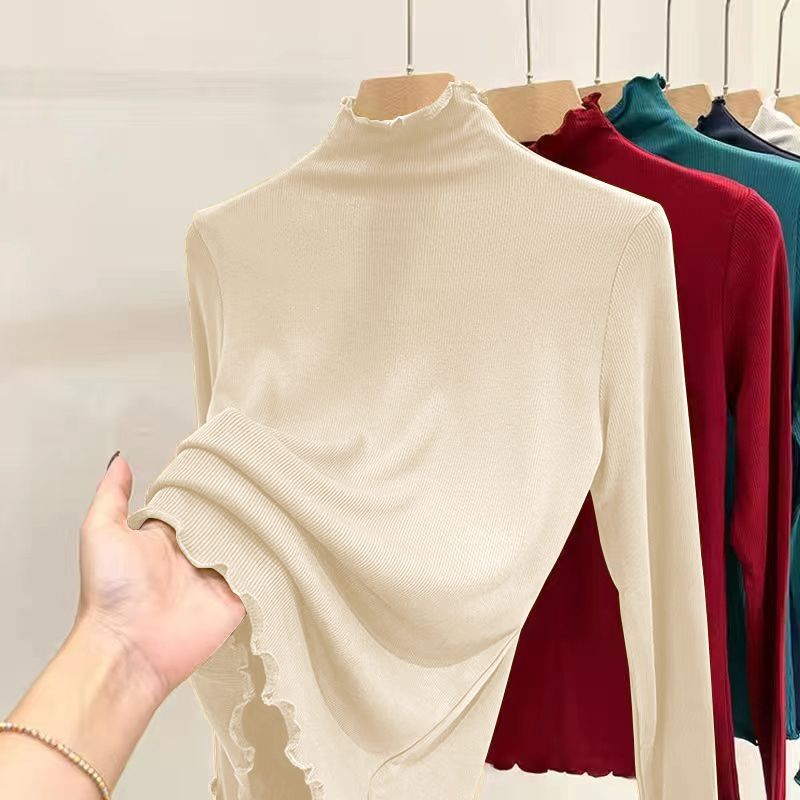 Single & Two-Piece Threaded Half-High Collar Base Shirt for Women, Suitable for Layering in Autumn and Winter, Slim-Fit Ruffled Long-Sleeve T-Shirt Top for Women