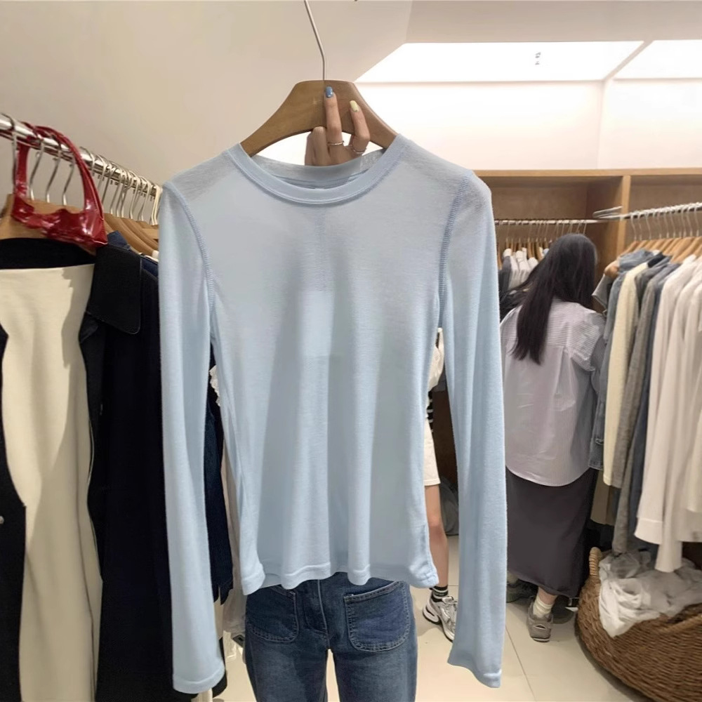 2025 Spring and Summer Korean New Tencel Thin Bottoming Shirt Women's Inner T-Shirt Slimming Look Sun Protection Blouse Top