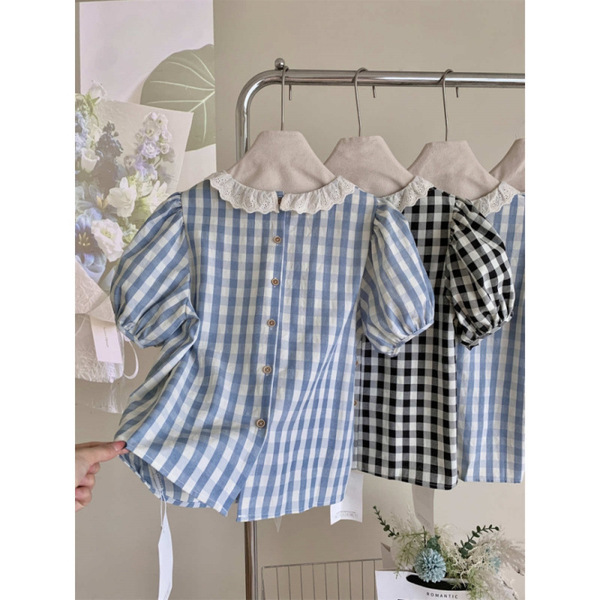 Blue colored summer design lace shirt with a round collar