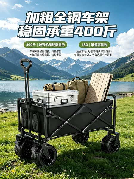 Camping cart, outdoor foldable picnic cart, extra-large utility cart, camping trailer, hand-pulled cart, small cart for market stalls