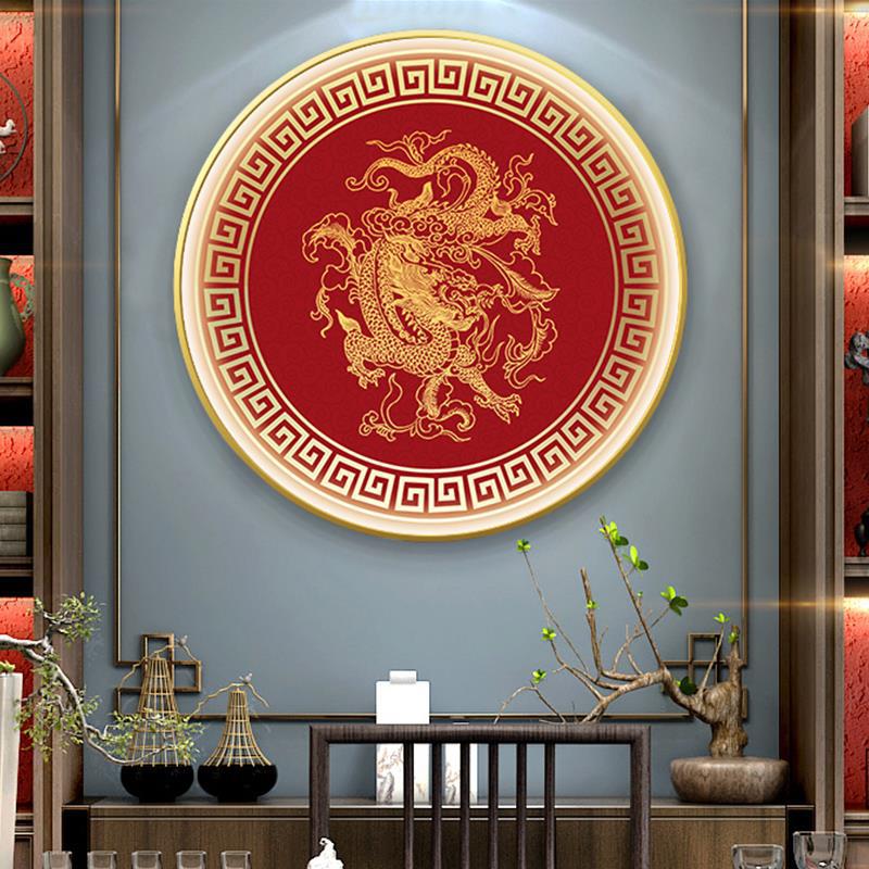 新中式龙图案发光挂画客厅玄关书房圆形装饰画带灯前台龙腾壁画