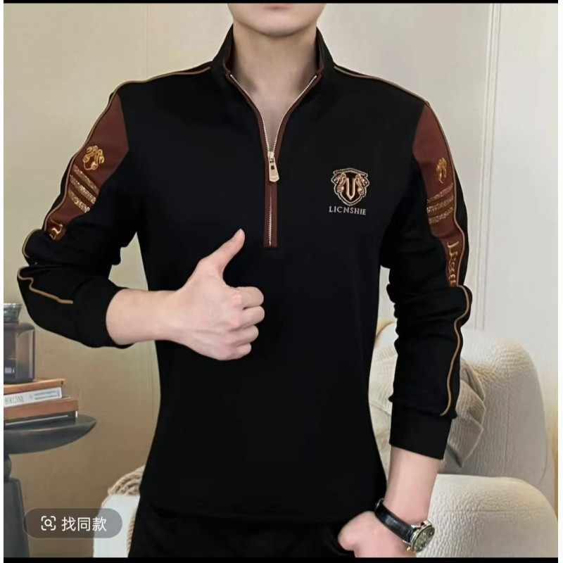 欧货秋季新款长袖卫衣男轻奢时尚简约拼接重工刺绣半拉链立领上衣
