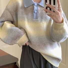 美拉德毛衣女秋冬针织衫秋冬设计感2023翻领厚款上衣宽松大码女装