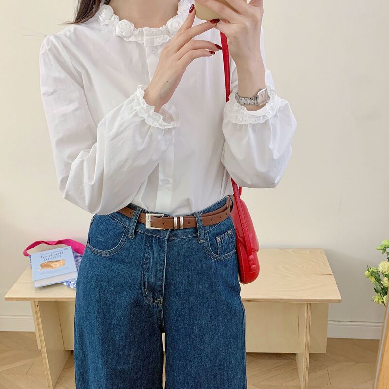 重工手工玫瑰花边圆领衬衫女长袖甜美清新学院百搭别致叠穿上衣潮|undefined