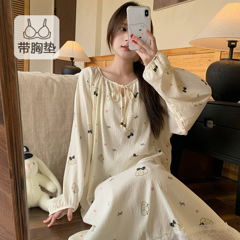 云朵棉睡衣女春秋季新款带胸垫长袖睡裙可爱卡通公主风长裙家居服|undefined