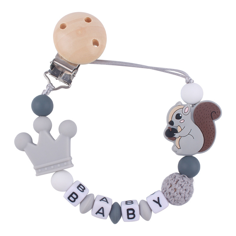 Nuevo bebé de dibujos animados animal ardilla pequeña mordedor creativo bebé DIY mordedura molar Cadena de pezón cadena anti-caída