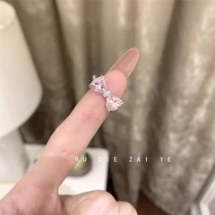 桜ピンクダイヤモンドリボンリングロマンチックな女の子の娘の甘いジルコンライト高級オープンリング