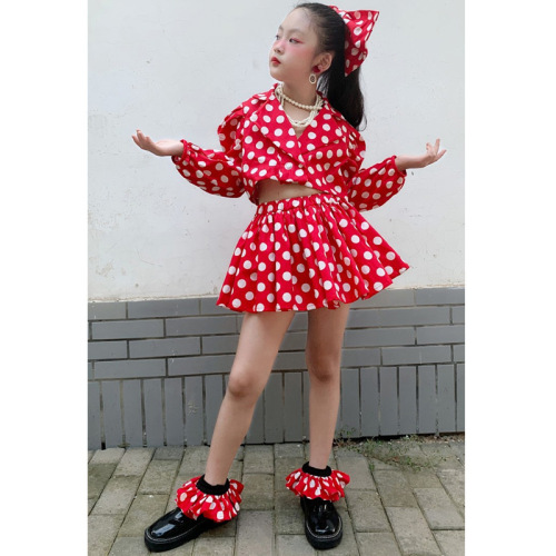 Polka-dot  jazz dance catwalk model show suit for kids children girls puffy pleated skirt bow headdress photo shooting cosplay outfits four-piece parent-child set