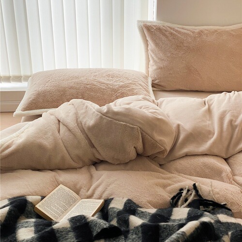 Simple solid color light luxury style rex rabbit hair milk velvet four-piece set autumn and winter warm rabbit warm milk cover quilt cover bedding