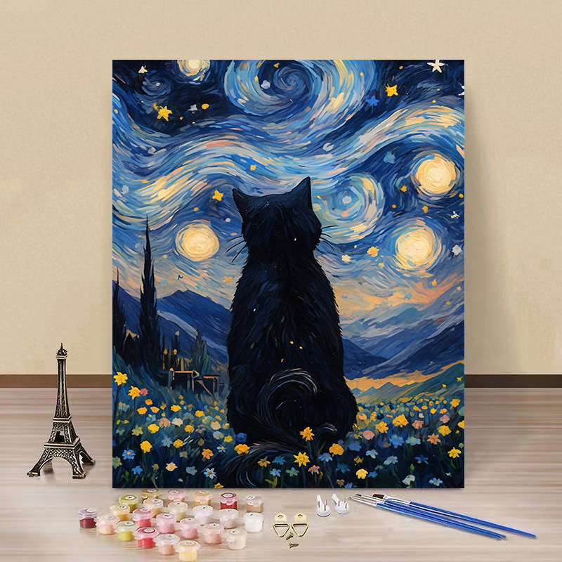 Pintura por números “Gato Estrellado” — arte DIY de fábrica al por mayor, estilo Van Gogh, flores y paisajes hechos a mano