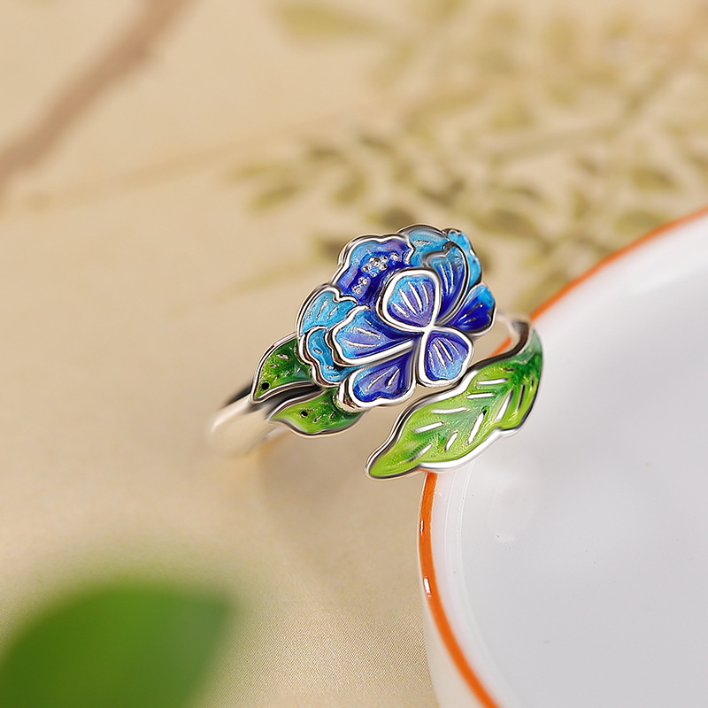 Vòng tay bạc S999 phong cách dân tộc họa tiết hoa sen cloisonne có thể điều chỉnh — Mở một size