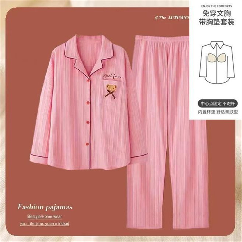 Pijama con cojín de pecho para mujeres primavera y otoño mangas largas 2023 nuevo conjunto de ropa de casa de otoño para mujeres
