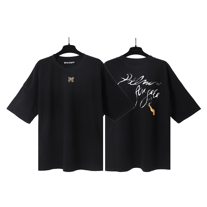 PALM New Angel Shoulder Short Sleeve Smoke LOGO Printing Trendy Brand Fashion T-shirt Men's Top Men's and Women's Same Style