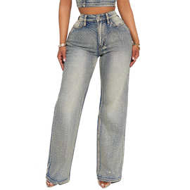 欧美款式 支持定制 源头工厂 个性牛仔裤 紧身阔腿版型 烫钻 时尚