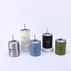 美式不鏽鋼保溫咖啡杯雙飲口簡約ins高顏值便捷帶吸管車載水杯