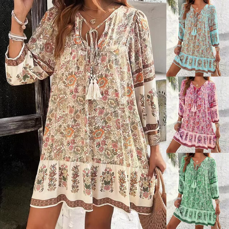 In Stock 2025 European and American Cross-Border Printed Shirt Export Spring and Summer Casual Bohemian Vacation V-Neck Dress for Women