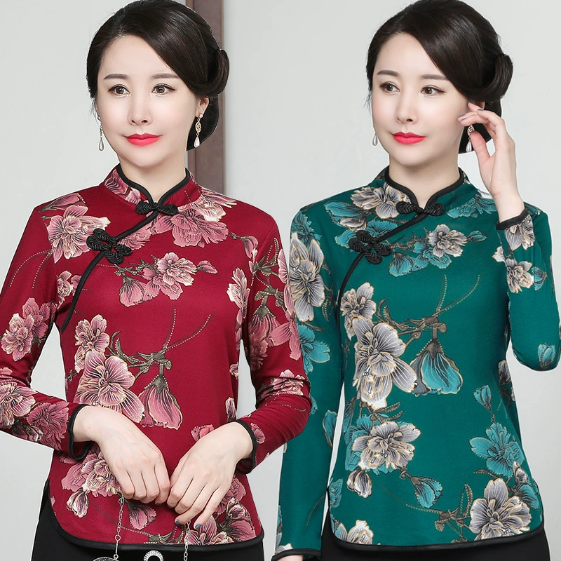 Футболка с длинным рукавом с воротником чонсам ретро мама одевает тонкий живот