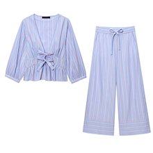 BSK&TRAF女装2025年夏季新款蝴蝶结条纹衬衫3710338条纹裤3687338