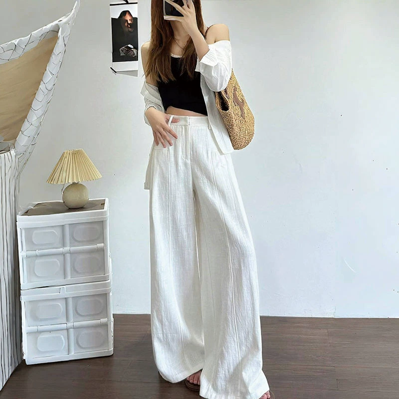 Белые хлопчатобумажные и льняные широкие брюки весна/лето 2025, тонкие, с высокой талией, драпированные, в стиле «старые деньги», в пол, повседневные, свободные, ленивые брюки