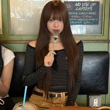 韩国badblood bcac系列美式辣妹T恤女条纹性感长袖显瘦一字肩上衣