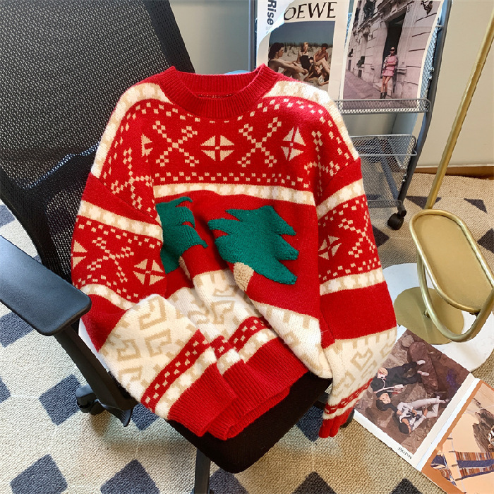Christmas Atmosphere Red Sweater for Women Autumn and Winter 2026 New Style Lazy Style Round Neck Pullover Long-Sleeved Knitwear Top