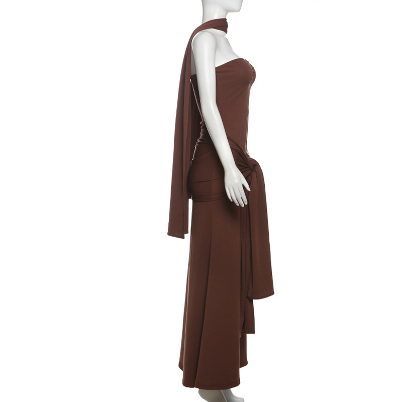 Spring Women Clothing Personality Scarf Collar Slim Fit Twist Lace up Tube Top Dress Women