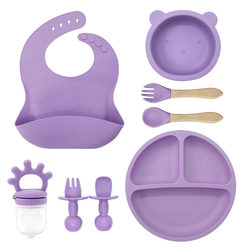 Set de ocho piezas (bazo + ventosa pequeña + cuenco de oso + crown bite + cuchara de tenedor de madera + cuchara de tenedor de oso) púrpura oscuro