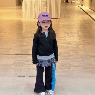 2025秋季新款童装 韩版童装 女童点子拼接假两件T恤 儿童秋打底衫