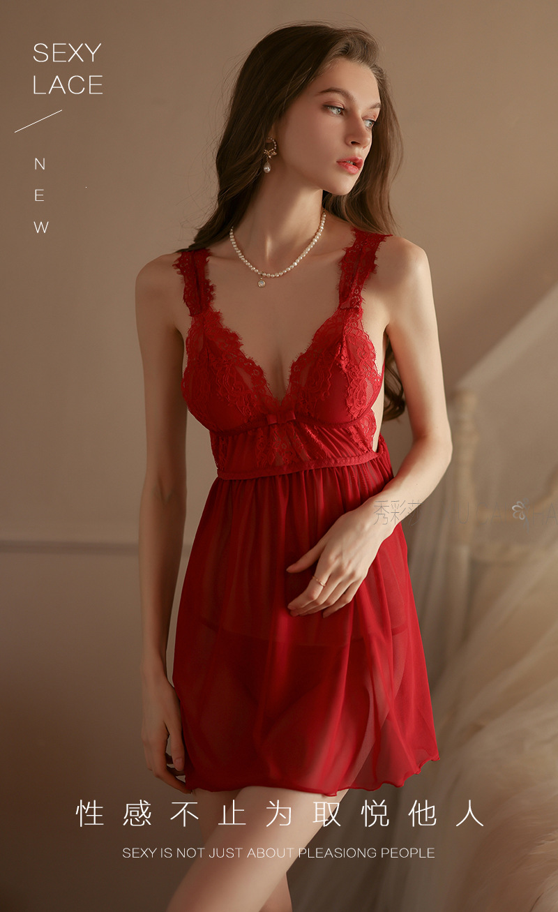 Wine-Red Lace Mesh Babydoll Nightgown with Short Skirt Design, See-Through Wholesale Lingerie — detail image 3