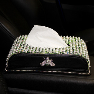 Car Tissue Box, Diamond-Encrusted Pearl Napkin Box, Car Tissue Box Ornaments, Car Interior Decoration Gift Leather