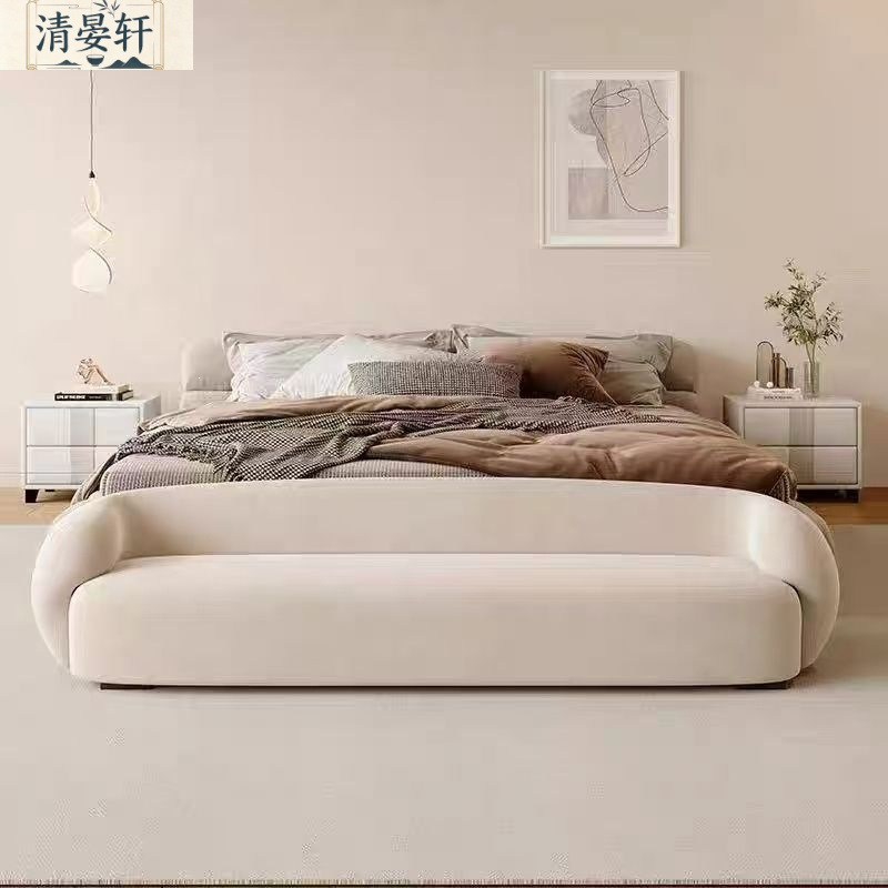 Velvet fabric end-of-bed bench in cream style for bedroom, bedside, or dressing room; modern bench-style bed ottoman; Nordic and Italian style entryway shoe-changing bench