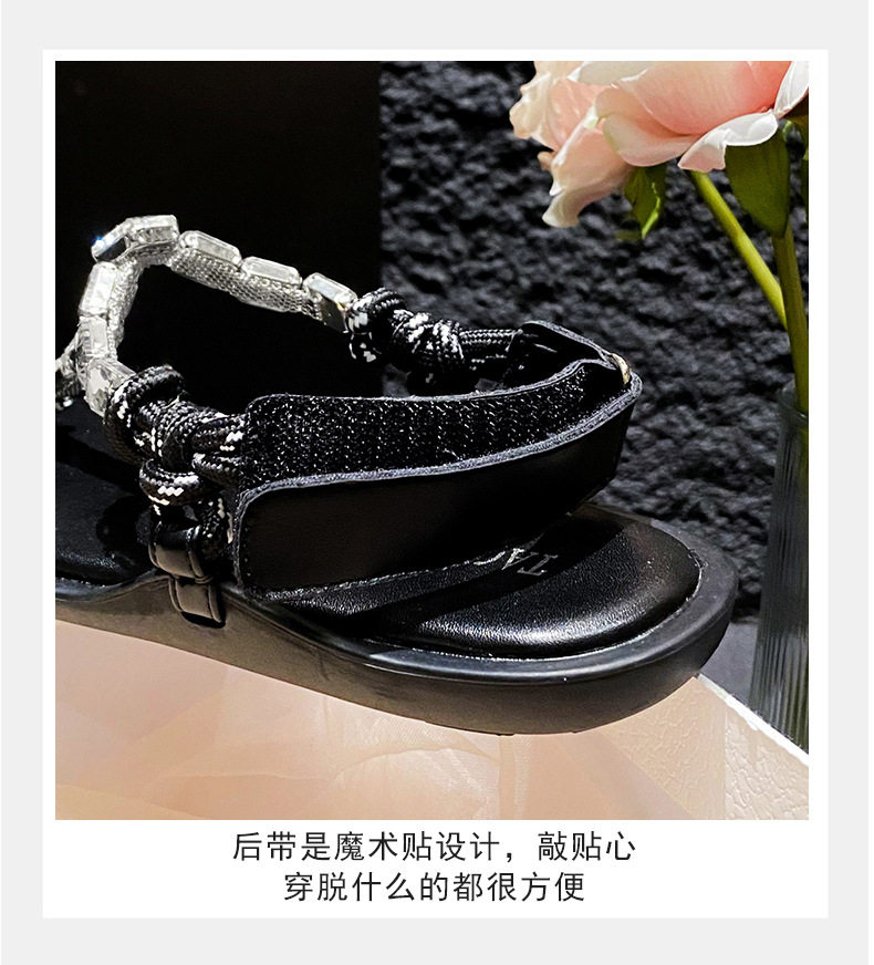 Dép sandal nữ quai ngang thắt nút, đế bằng, khóa dán, mũi tròn — Màu nâu pha lê, Màu nâu thắt nút, Màu đen thắt nút chi tiết 11