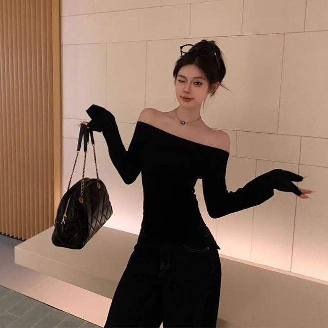 灰色长袖斜肩针织打底衫女装春季内搭露肩毛衣chic甜辣妹修身上衣|undefined