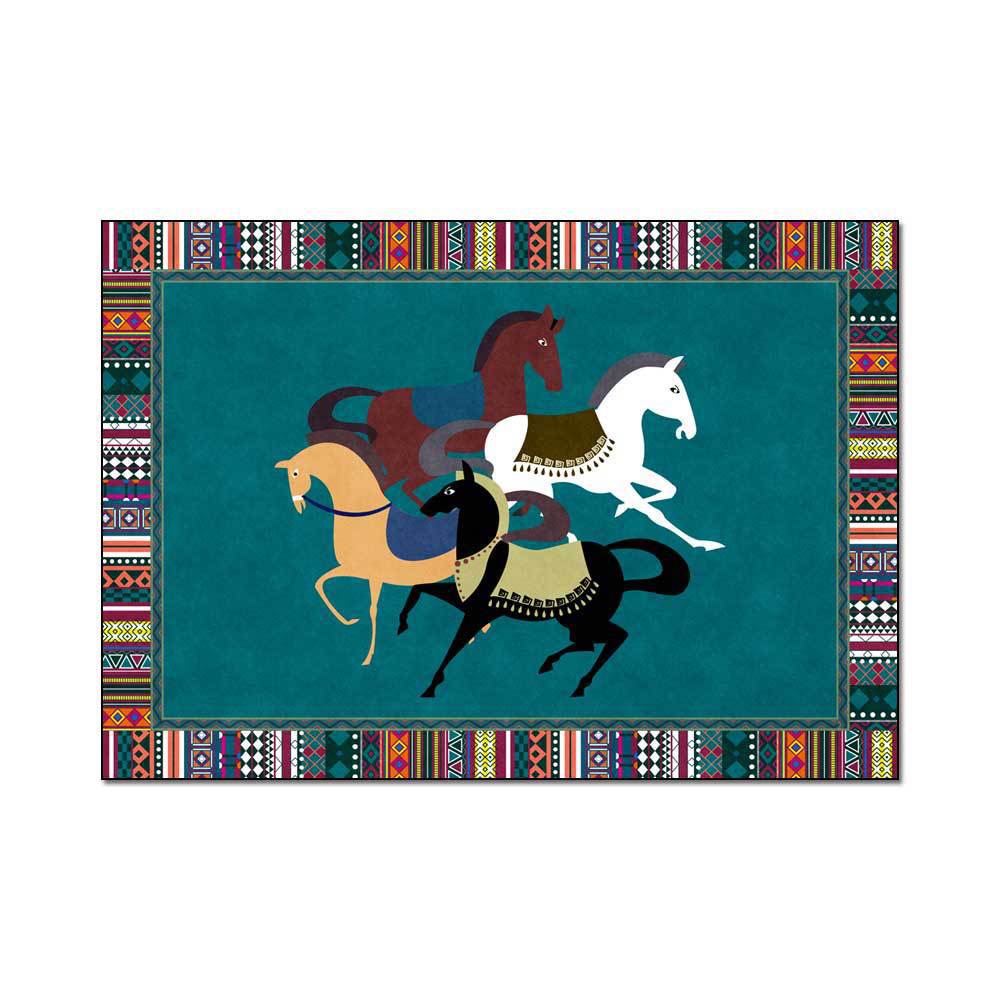 Vintage-Teppichmatte im nordischen Boho-Stil mit bordieroverallendem Muster und ethnischem Stil, Bordüre mit Pferden, in Schwarz, Grün, Orange und Gelb, für Küche, Wohnzimmer, Schlafzimmer und Bett._voghion.com