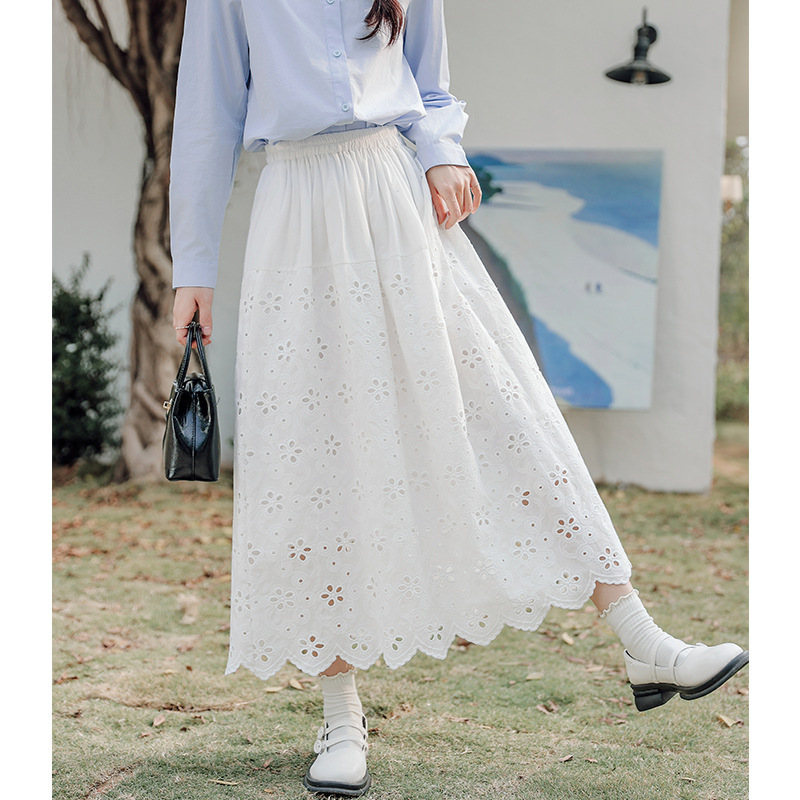 实拍 2024春季韩版气质蕾丝半身裙女松紧腰中长款白色蕾丝仙女裙