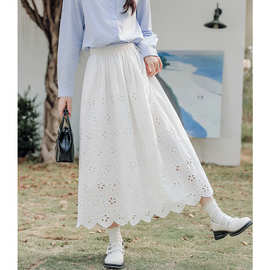 实拍 2024春季韩版气质蕾丝半身裙女松紧腰中长款白色蕾丝仙女裙