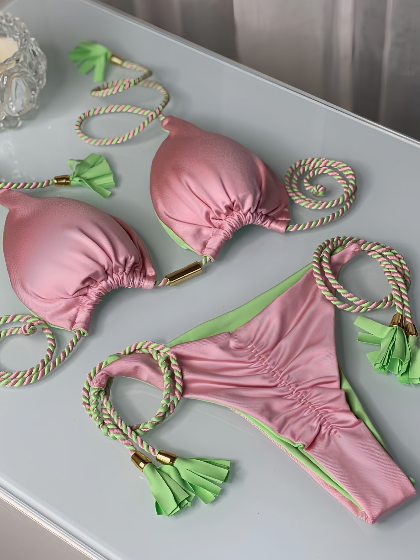 2025 Backless Braided Bikini Triangle Swimsuit Multi-Color Sexy Style Vacation Suit European And American Fashion Polyester_voghion.com