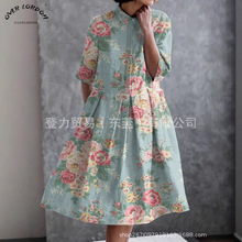 2025欧美独立站衬衫连衣裙五分袖双层门襟复古沙丁鱼元素数码印花