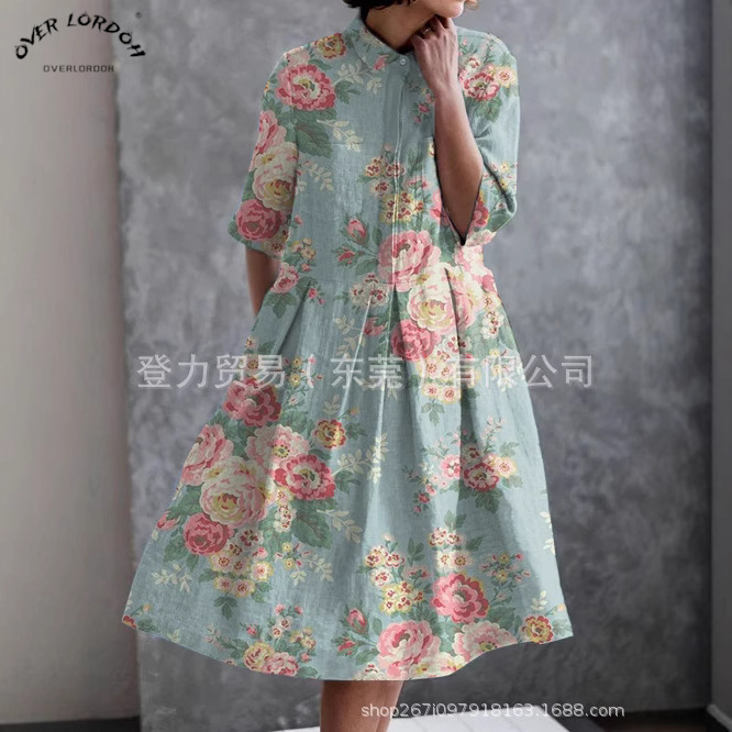 2025欧美独立站衬衫连衣裙五分袖双层门襟复古沙丁鱼元素数码印花