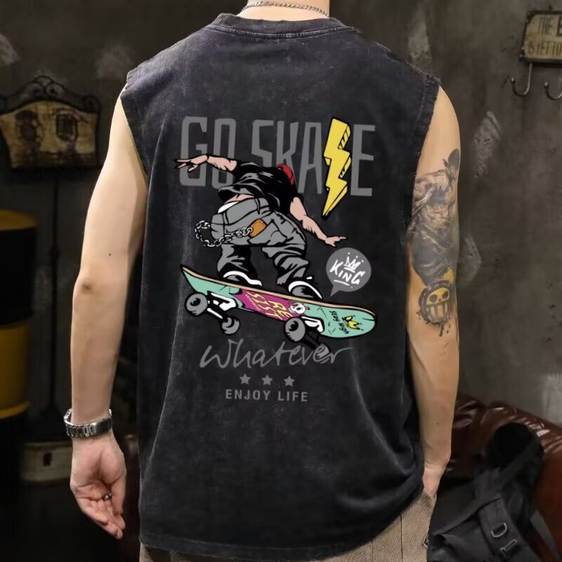 Cross-Border Summer Breathable Milk Silk Distressed Vest Shirt Youth Trendy Skateboard Trendy Men's Hong Kong Style Printed Vest Top Cross-Border Summer Breathable Milk Silk Distressed Vest Shirt Youth Trendy Skateboard Trendy Men's Hong Kong Style Printed Vest Top