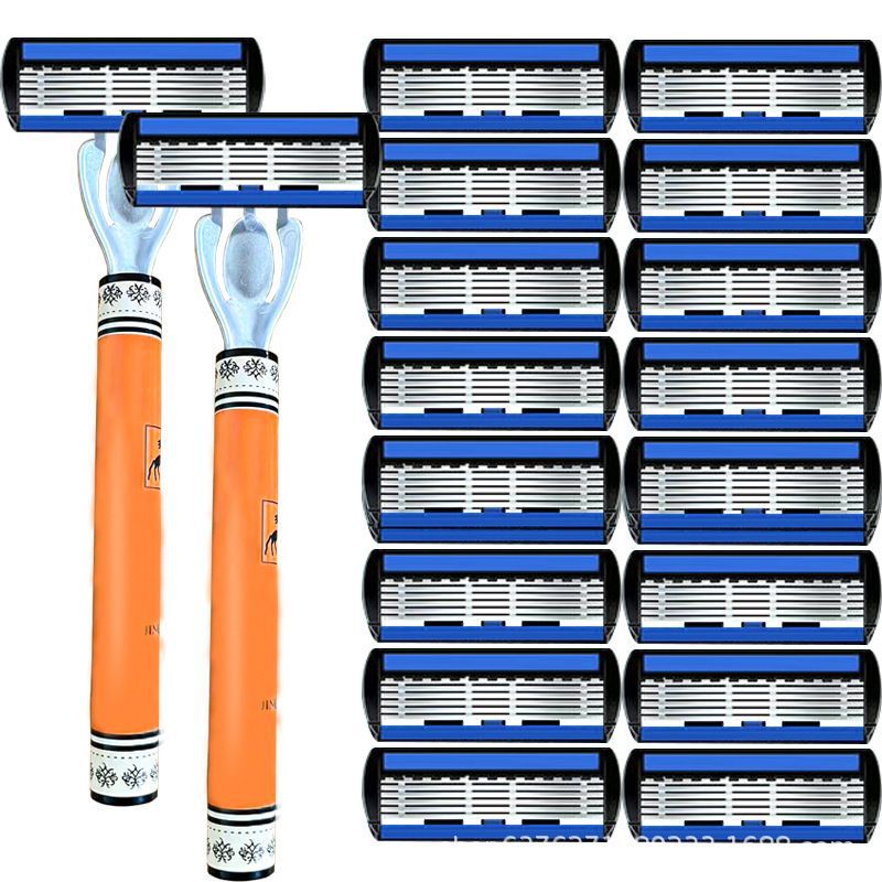 Six-blade men's razor, manual shaving razor for home use, with replaceable blades, metal straight handle, and replaceable blade heads Six-blade men's razor, manual shaving razor for home use, with replaceable blades, metal straight handle, and replaceable blade heads