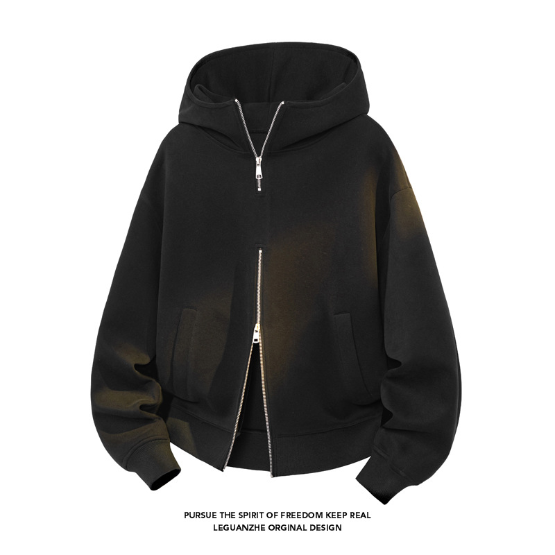 400G Heavy-duty Double-zipper Hooded Sweatshirt For Men, Autumn Trendy American Style Cleanfit Gray Loose-fitting Jacket_voghion.com