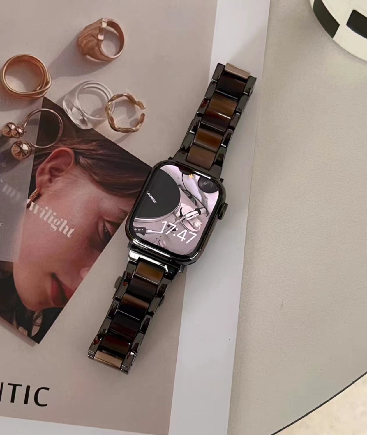 Nueva correa de metal con costuras de resina de cacao para Apple S10 Watch Apple Watch1-9 generación SE