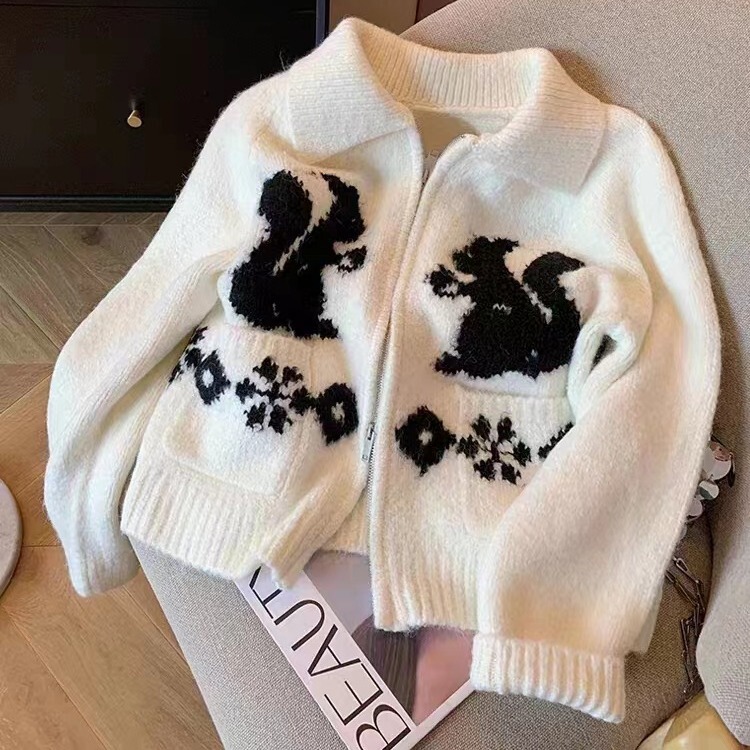 Rabbit Jacquard Lapel Zipper Sweater Coat Women's Autumn and Winter Style Retro Lazy Style Contrast Color Soft Waxy Knitted Cardigan