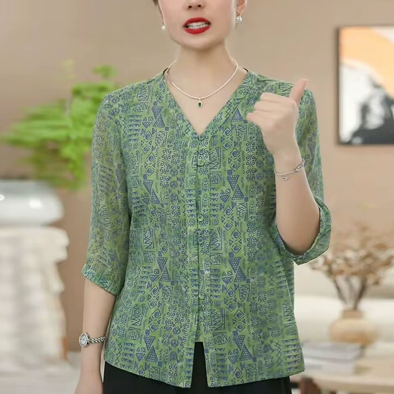 Модная летняя новая стильная летняя рубашка для мамы с рукавом три четверти, женская рубашка с принтом, модная женская футболка среднего и пожилого возраста, рубашка