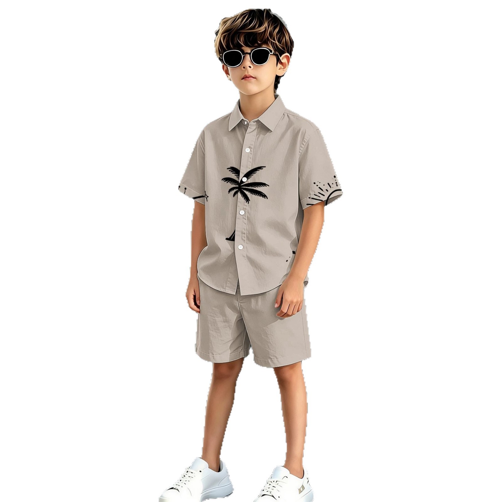 Zomeruitverkoop 2026: 3D-geprinte Europees-Amerikaanse jongensshirt en -shortset met omgeslagen kraag_voghion.com