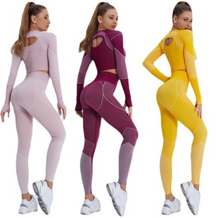 ins Internet celebrity hot selling sports fitness suit navel long sleeve hip high waist fitness yoga trousers