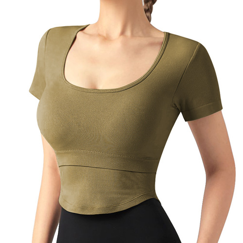 One-cup bra pad, breathable and sweat-wicking, tight-fitting fitness short-sleeved sports T-shirt top, yoga spring running Frisbee