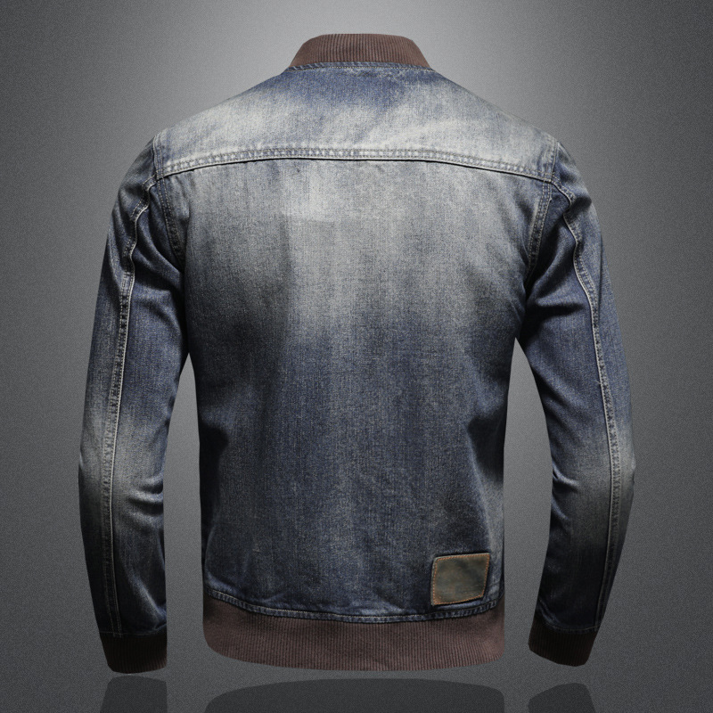 Men's Retro Stand Collar Denim Jacket Trendy Spring Autumn Coat_voghion.com